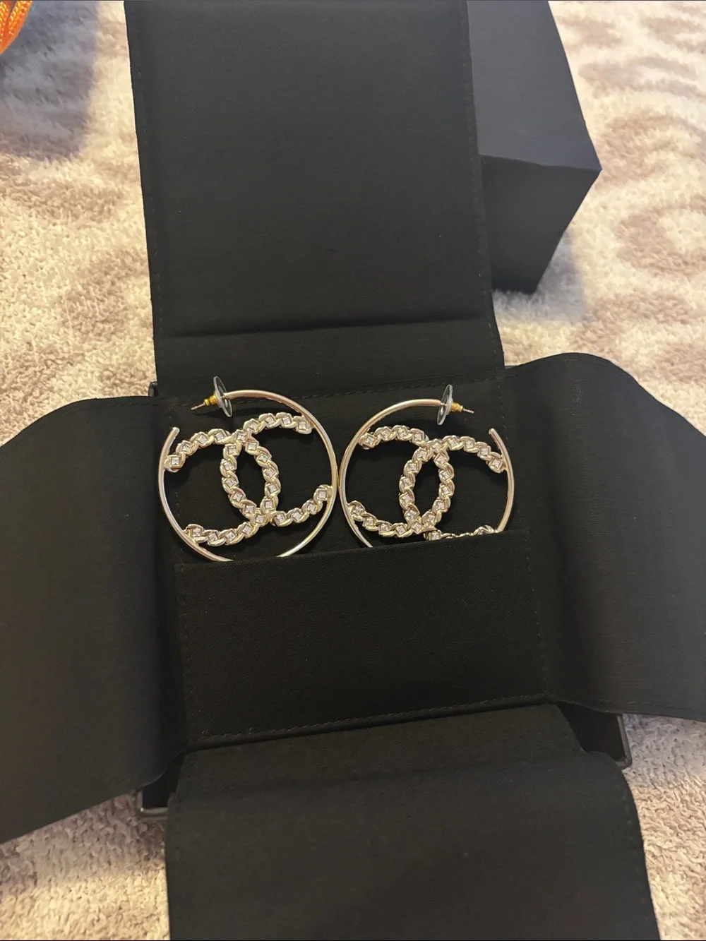 Chanel double logo rhinestone earrings